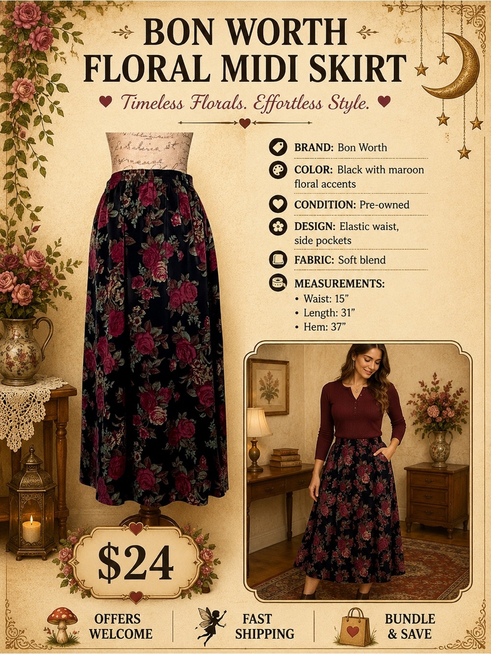 Bon Worth Floral Elastic Waist Skirt Size L